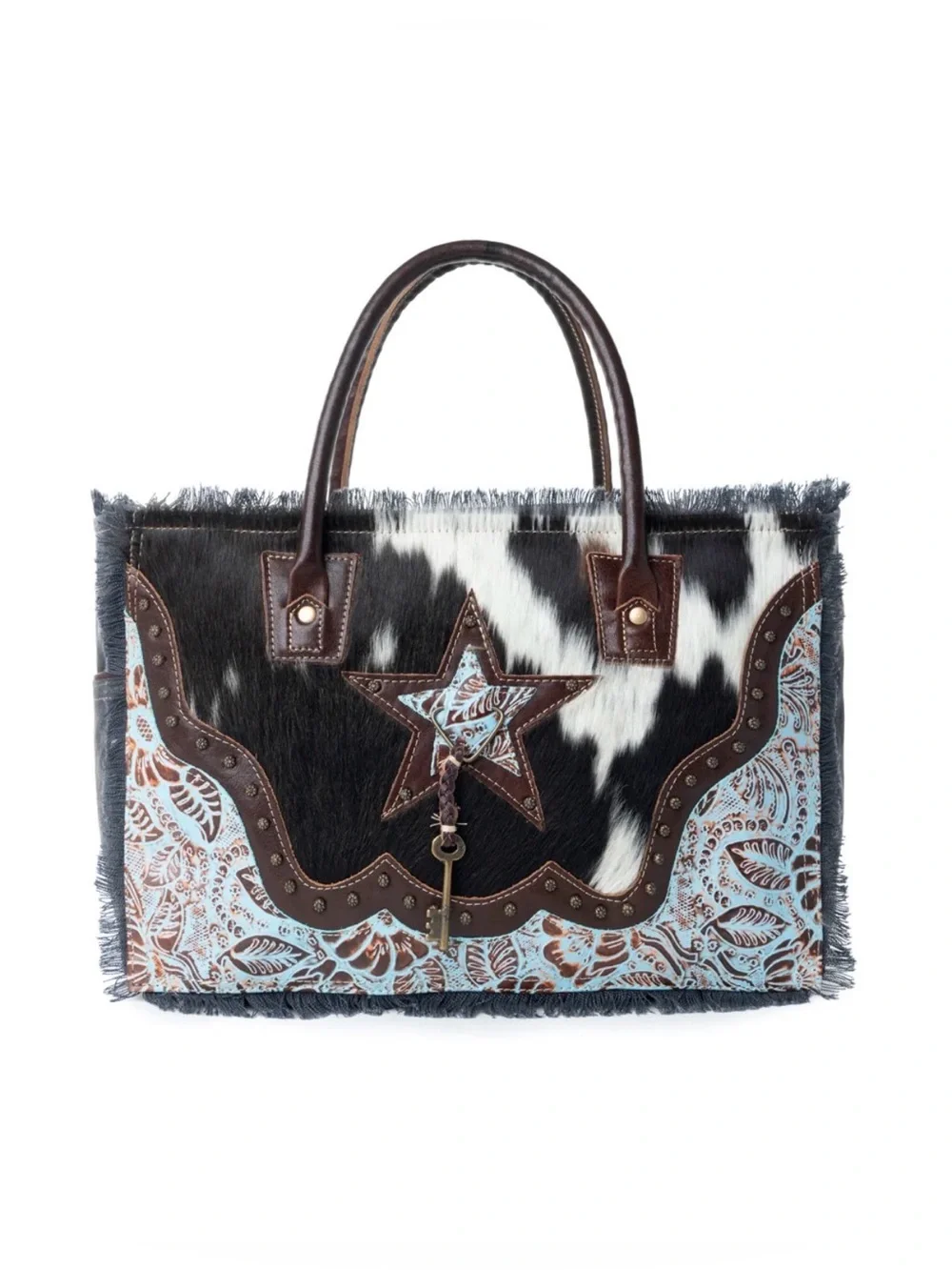 Western Tote Star Embossed Leather and Haircalf Tote in Black & White
